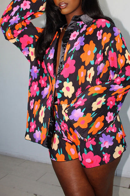 storexq Floral Print Laid Back Pleated Pant Suit