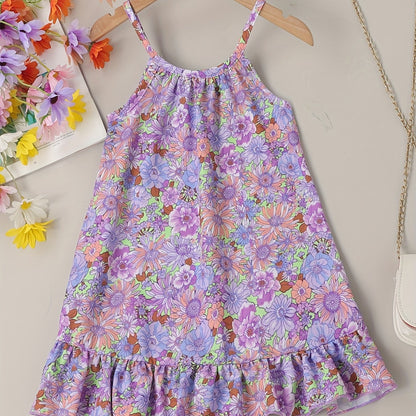 Girls Ruffle Hem Flower Graphic Cami Dress For Party Beach Vacation Kids Summer Clothes