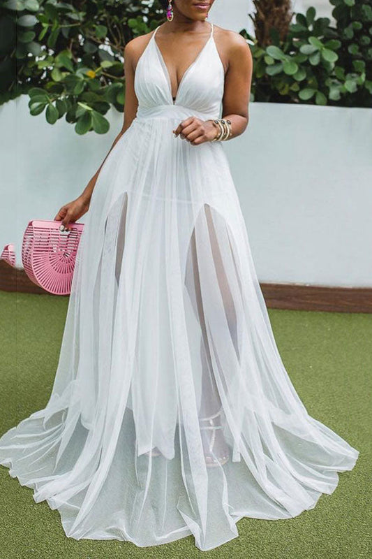 storexq Solid Color Romantic Backless Maxi Dress