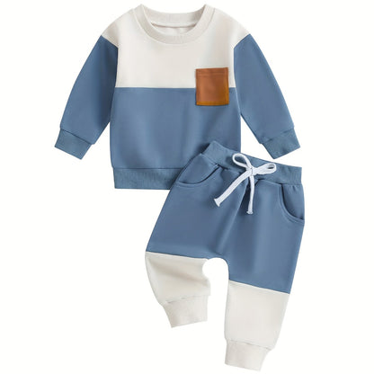 Infant Toddler Baby Boy Clothes Color Block Long Sleeve Sweatshirt Pullover Tops Jogger Pants Set Sweatsuit Fall Winter Outfits 2Pcs