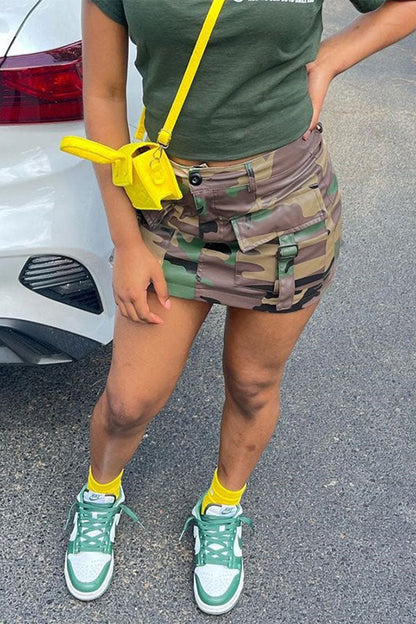 storexq Camouflage Party Patch Pocket PU Skirt