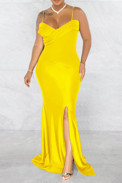 storexq Solid Color Classic High Slipt Maxi Dress