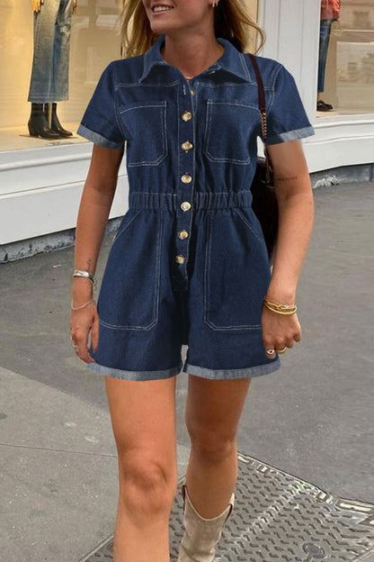 storexq Washed Denim Smart Pocket Button Romper