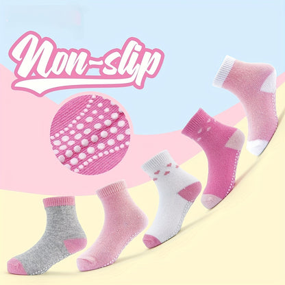 5pairs Baby Girls Non-Slip Toddler Socks Cotton Heart Print Crew Socks