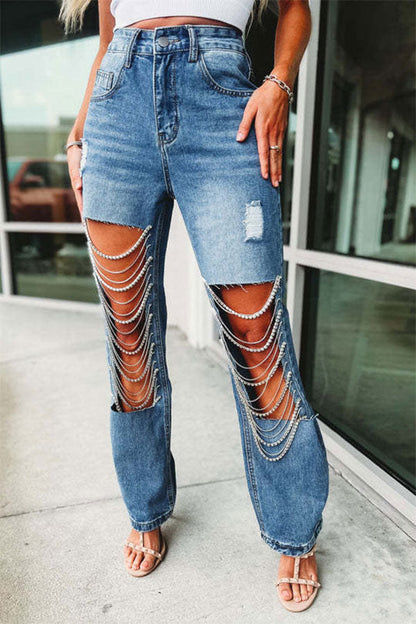 storexq Ripped Cool Rhinestone Chain Decor Jeans