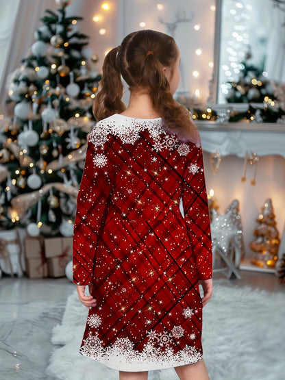 Stunning Plaid & Snowflake Print Long Sleeve Christmas Dress - Red Festive Party Wear for Girls - Winter Holiday Outfit for Special Occasions