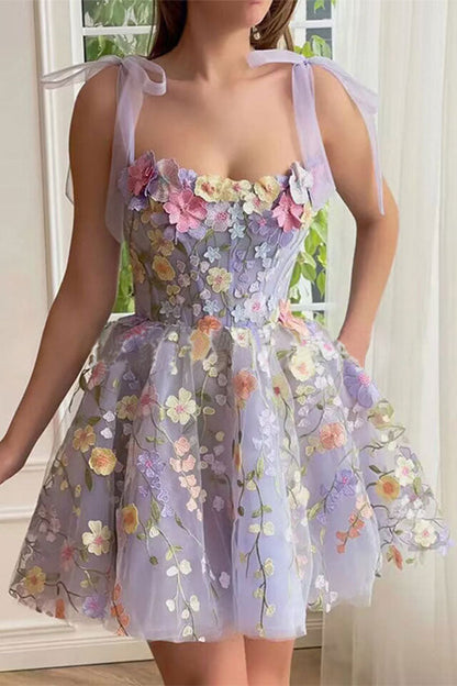 storexq Floral Embroidery Sweet Tie Shoulder Tulle Mini Dress