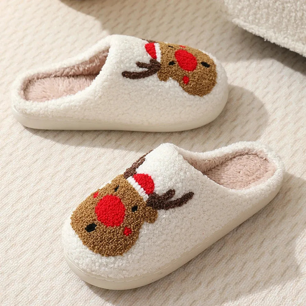 Christmas Deer Slippers Women Men Soft Warm Plush Cozy Slippers Indoor Home Anti Slip Fuzzy Winter Shoes Slip-On House Slippers