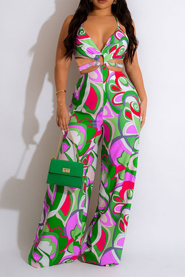 storexq Tribal Floral Print Colorful Cutout Waist Jumpsuit