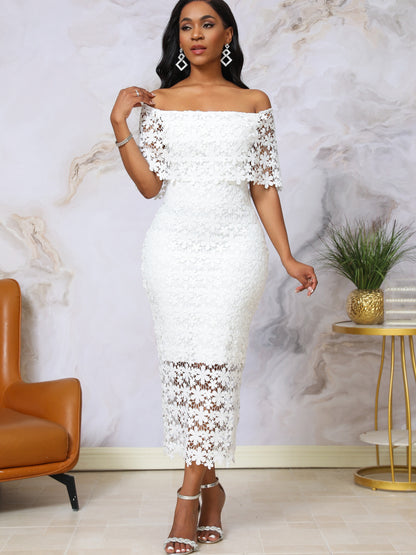 Stunning Floral Applique Off Shoulder Bodycon Midi Dress - Elegant Split Back Lace Design, Party-Perfect Women's Clothing with Flattering Silhouette and Chic Style