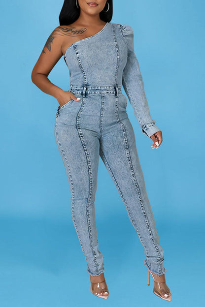 storexq Denim One Shoulder Modern Jumpsuit