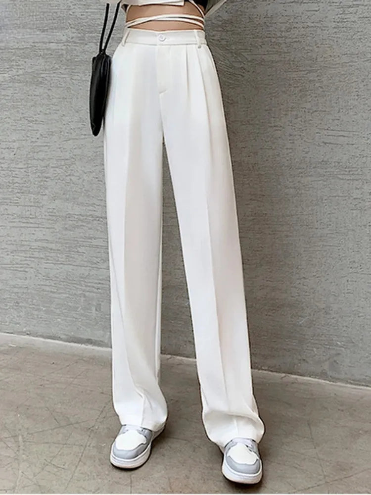 Casual High Waist Loose Wide Leg Pants for Women Spring Autumn Female Floor-Length White Suits Pants Ladies Long Trousers 240116