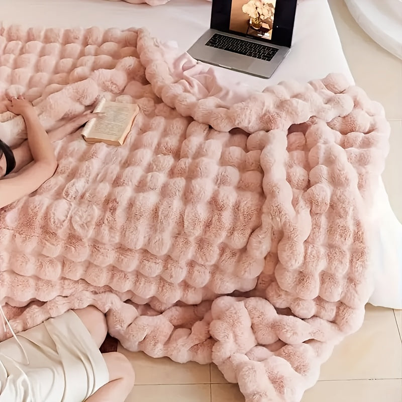 1pc Rabbit Fleece Blanket, Solid Color Faux Fur Plush Blanket, Soft Warm Throw Blanket Nap Blanket For Couch Sofa Office Bed Camping Travel, Multi-purpose Gift Blanket For All Season