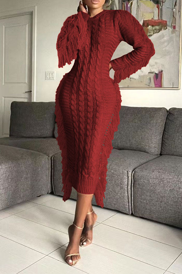 storexq Tassel Patchwork Whimsical Knitted Midi Dress