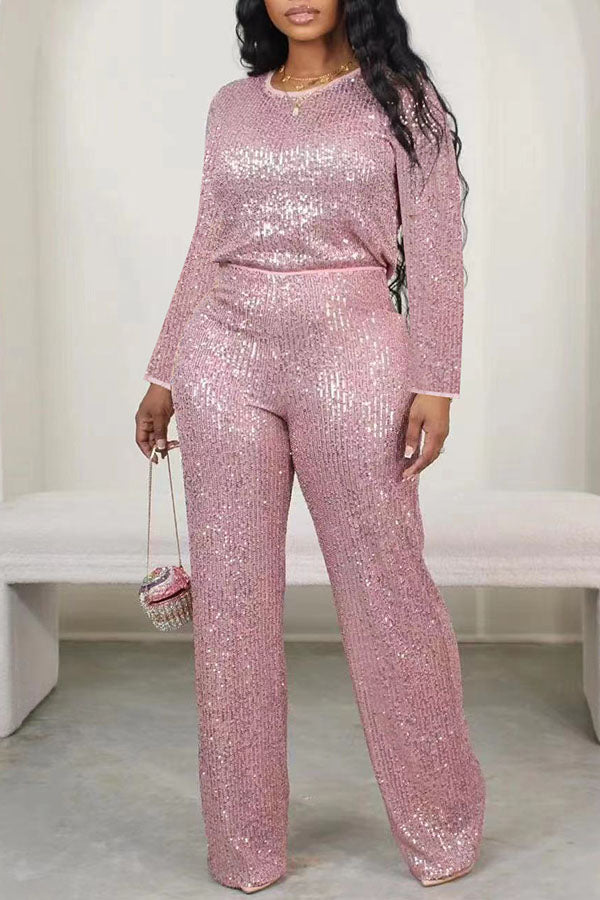 storexq Solid Color Sequined Striking Round Neck Pant Suit