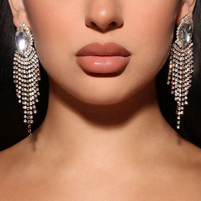 storexq Rhinestone Shimmery Tassel Willow-Leaf Shaped Earrings