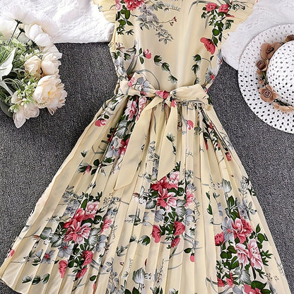 Knee High Floral Pleated Sleeveless Midi Dress for Girls - Casual Summer Outfit with Belt - Polyester Non-Stretch Fabric, Hand Washable, Perfect for Holiday and Outdoor Activities