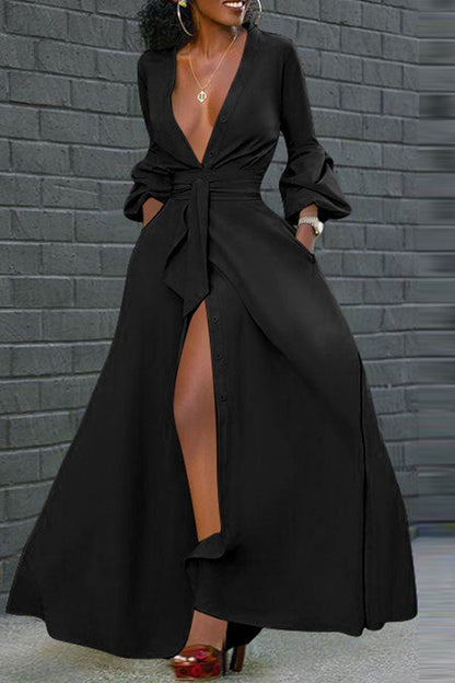 storexq Solid Color On-trend Deep V Neck Belted Maxi Dress