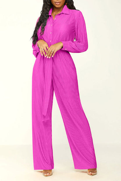 storexq Solid Color Classic Belted Pleated Jumpsuit