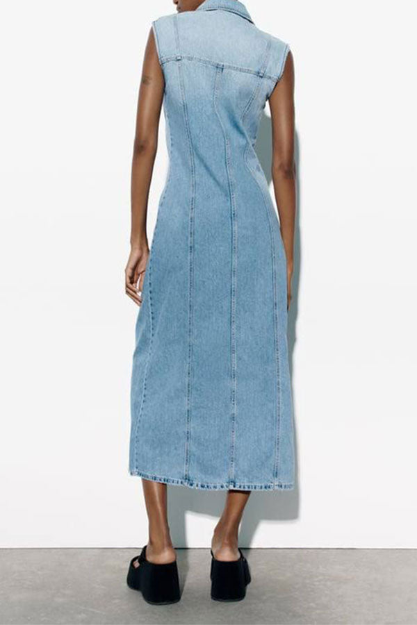 storexq Gradient Classic Patch Pocket Denim Midi Dress