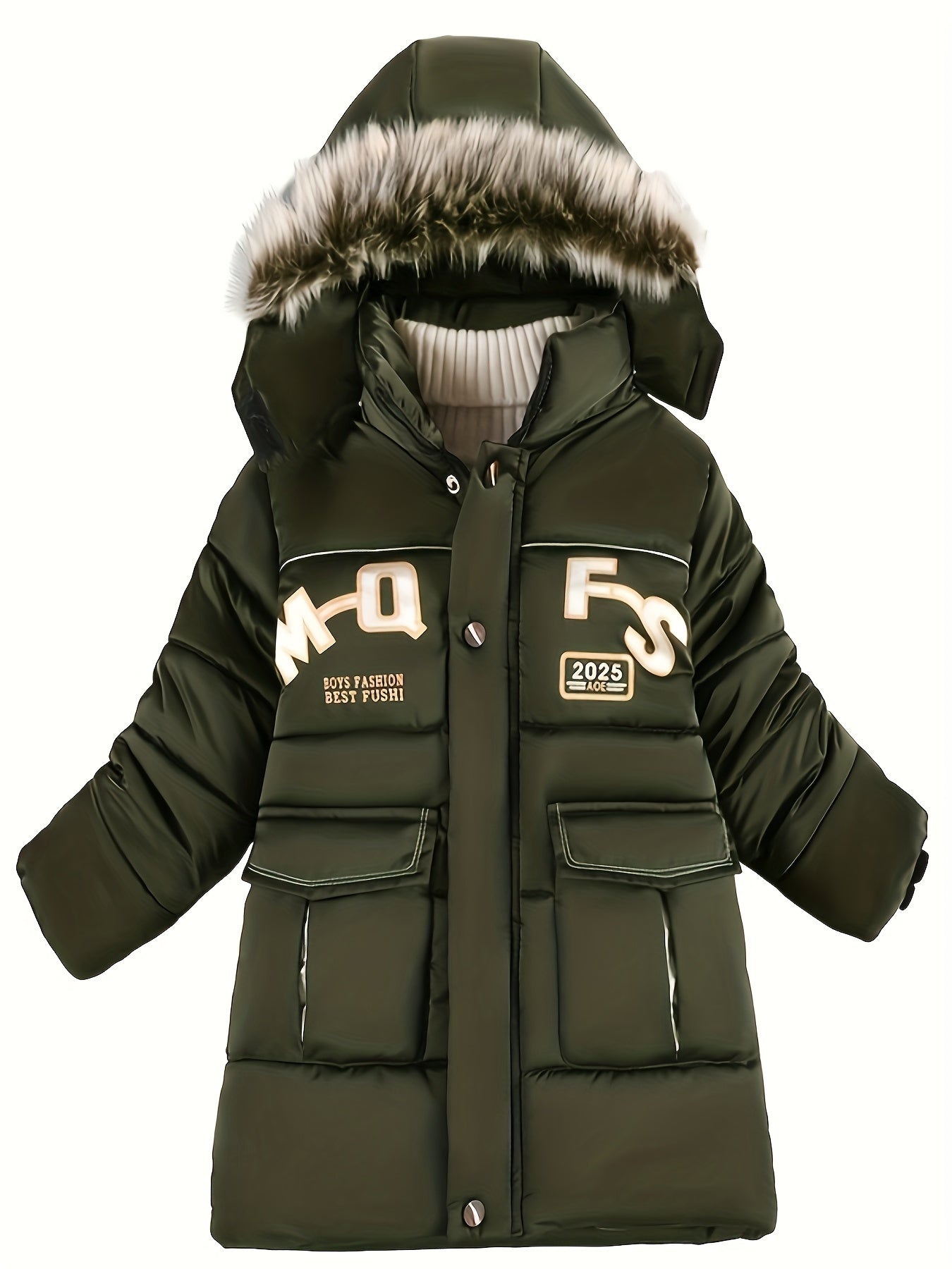 Boys Winter Hooded Long Coat With Fur Collar, Light Warm Jacket Cute Hooded Outerwear