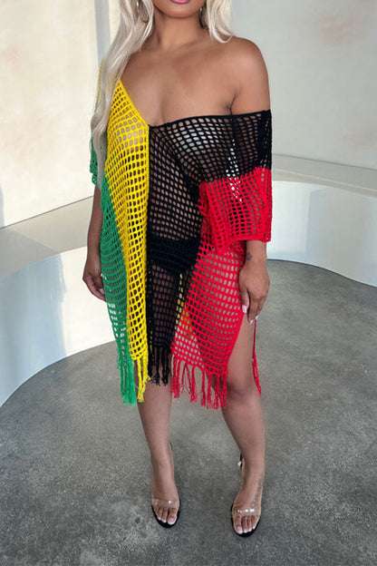 storexq Color Block Hollow-Out On-trend Tassel Beachwear