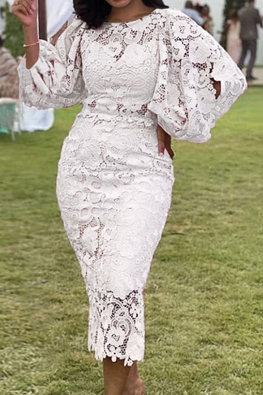 namcoverse Lace Elegant Puff Sleeve Midi Dress