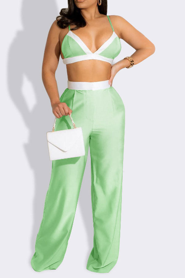 storexq Color Block Patchwork Feminine Wide Leg Pant Suit