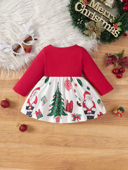 Baby's Cartoon Christmas Element Pattern Bowknot Decor Long Sleeve Cotton Dress, Infant & Toddler Girl's Dress For Daily Wear/Holiday/Party, As Gift