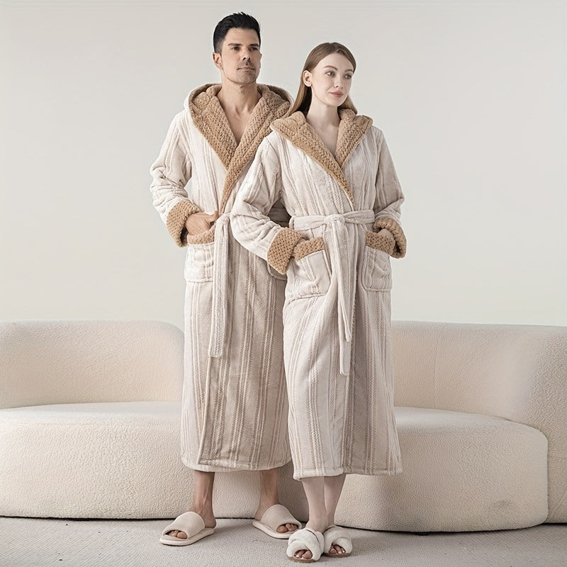 Ultra-Soft Plus Size Hooded Bathrobe - Cozy, Thickened Long Robe for Men & Women, Perfect for Fall/Winter, Ideal Bathroom Accessory