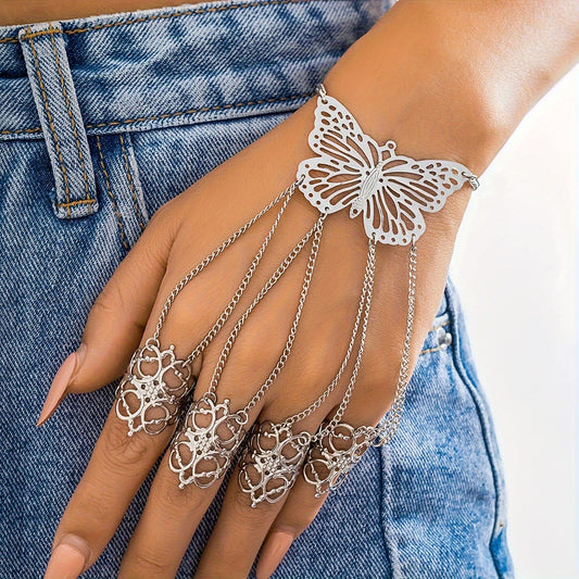 Exquisite Carved Butterfly Chain Design Finger Bracelet Hand Chain Retro Party Style Zinc Alloy Jewelry Delicate Female Gift