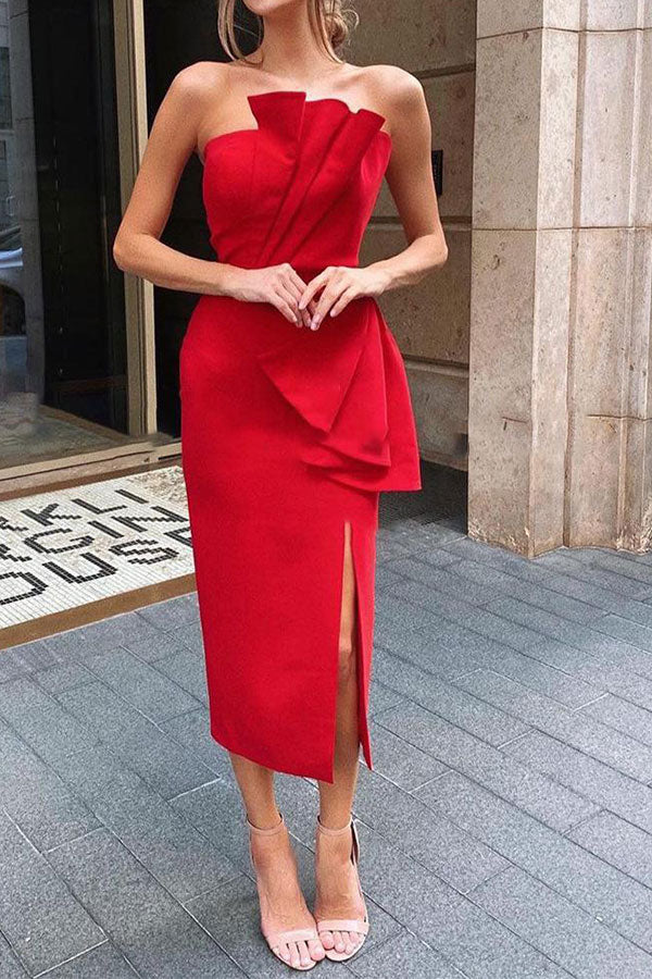 storexq Pleated Design Bandeau Pretty High Split Midi Dress