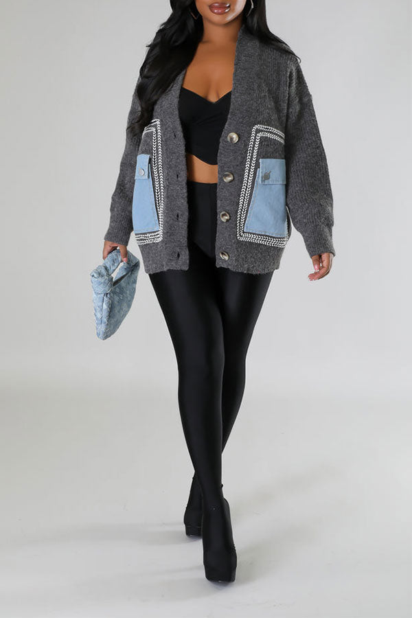 namcoverse Patchwork Denim Pocket Urban Cardigan