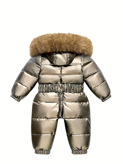 Baby's Warm Hooded Down Jacket, Thickened Long Sleeve Snowsuit With Zipper For Outdoor Wear