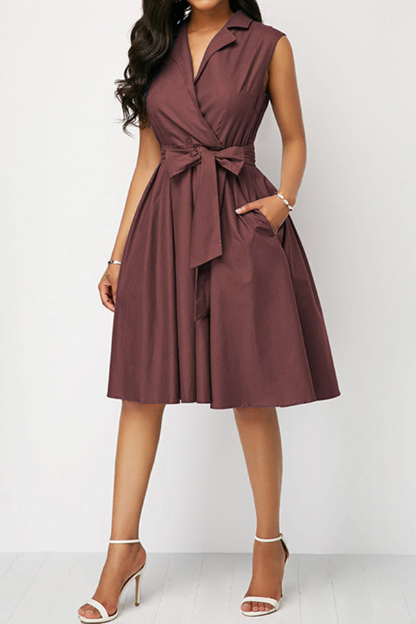 storexq Solid Color Notched Lapel Urban Belted Midi Dress