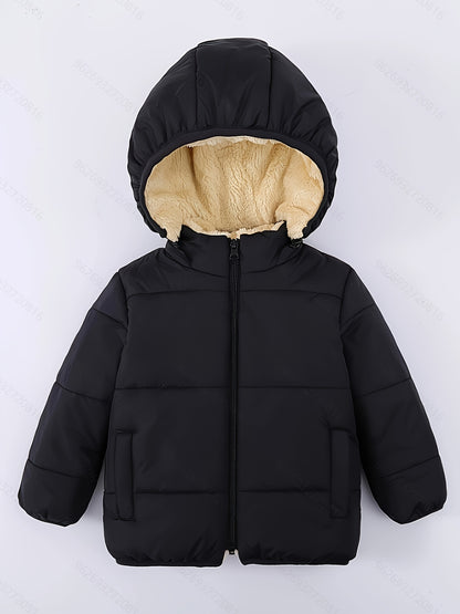 Baby's Solid Color Fuzzy Lining Quilted Jacket With Detachable Hood, Warm Zip Up Padded Coat, Baby Boy's Clothing For Fall Winter