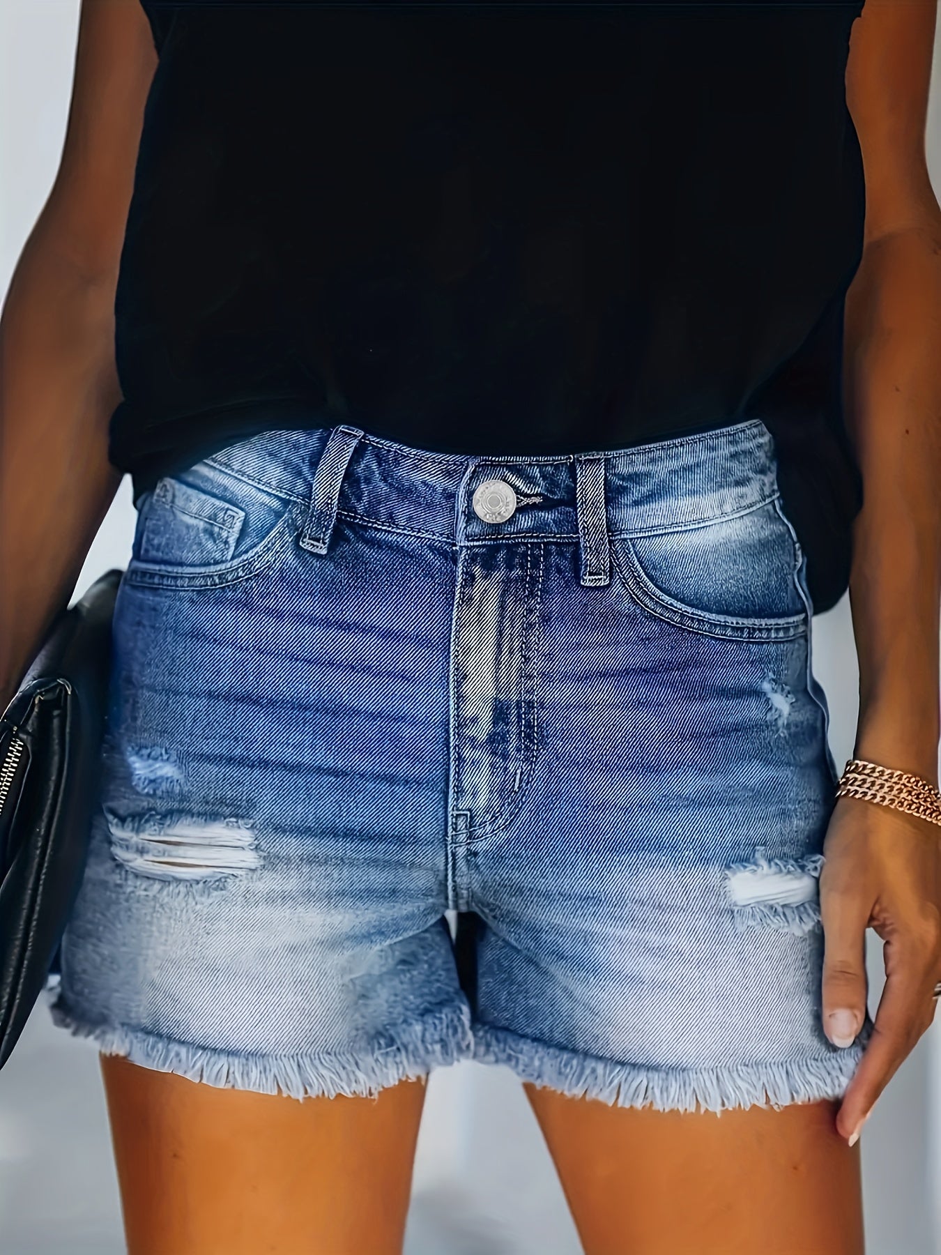 Fashion-Forward Womens Ripped Denim Shorts - Distressed Raw Hem, Trendy Washed Finish, Strategic Ripped Holes, Practical Slash Pockets - Premium Denim Casual Pants for Stylish Wardrobe