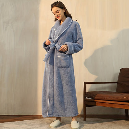 1pc Luxurious Autumn Winter Bathrobe - Plush Unisex Pajamas, Extra Thickened & Warm, Large Size Long Sleeve Robe with Handy Pockets - Ultimate Cozy Home Wear for Indoor Comfort, Essential Bathroom Supplies