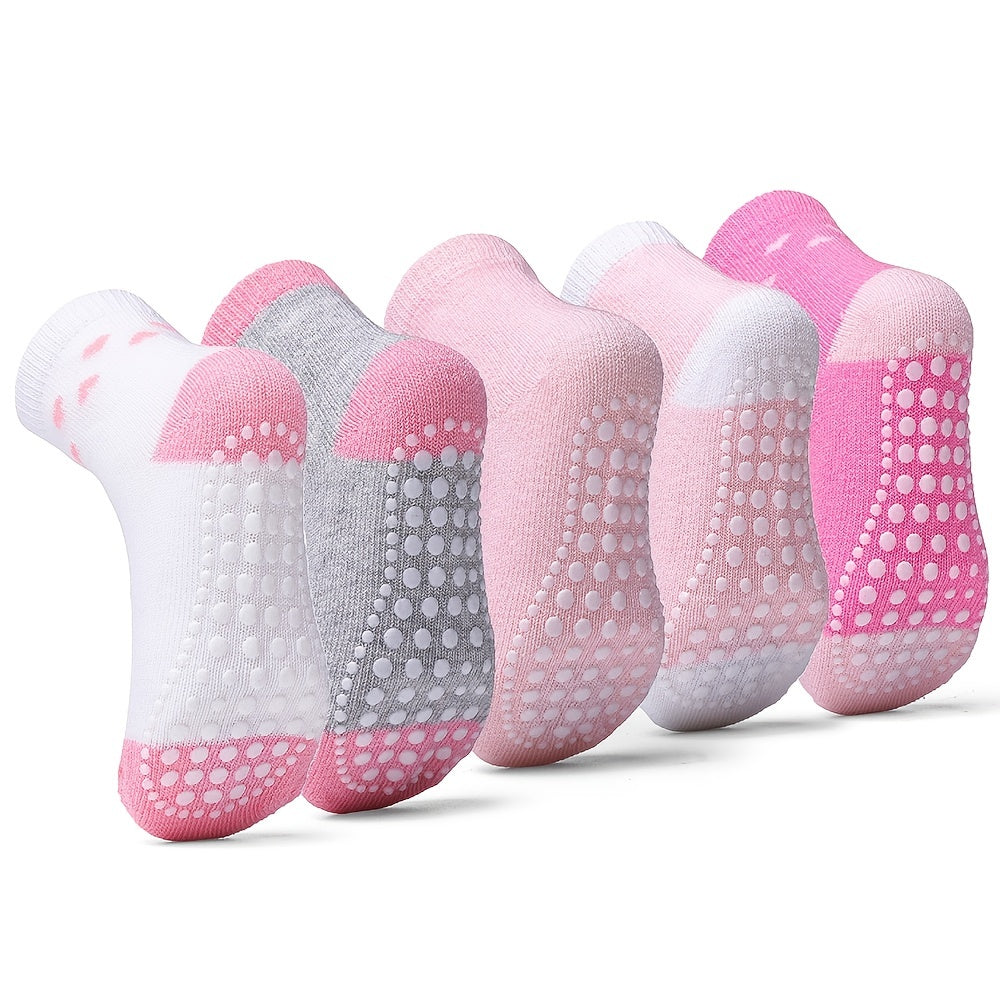 5pairs Baby Girls Non-Slip Toddler Socks Cotton Heart Print Crew Socks