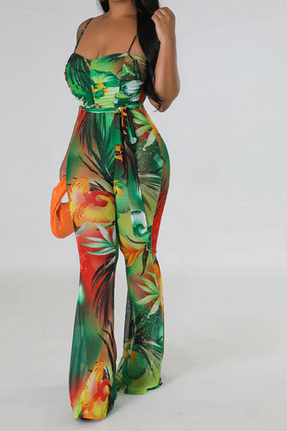 storexq Floral Print Romantic Belted Bell Bottoms Jumpsuit