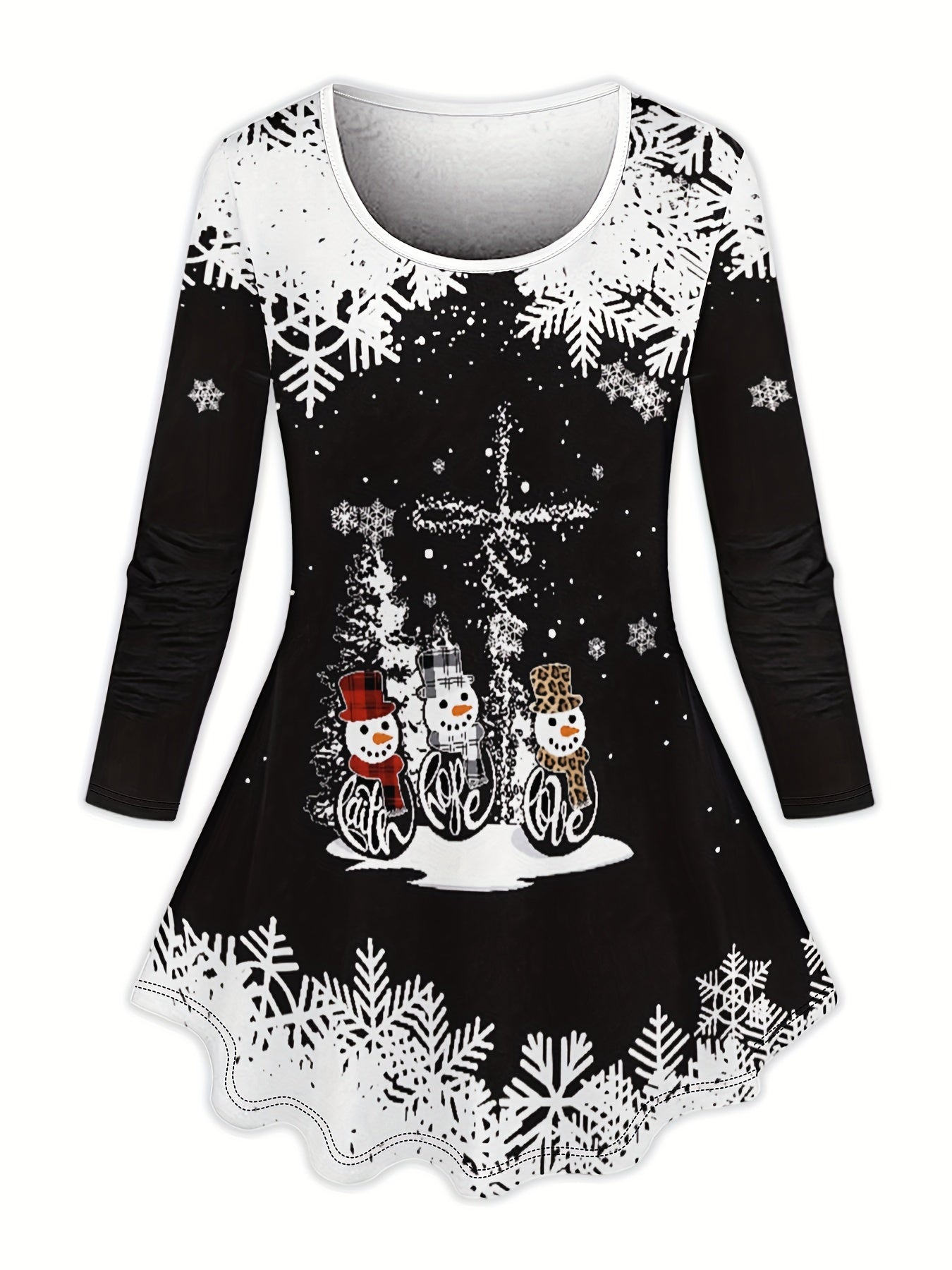 Cozy Christmas Snowman Snowflake Print Two-Piece Set - Soft Comfort Stretch Polyester Knit Crew Neck Long Sleeve Tunic Top and High-Waist Leggings Outfit for Women - Festive Holiday Wear with Relaxed Fit and Vibrant Colors