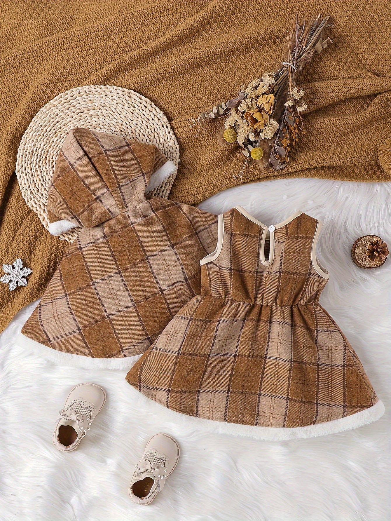 Christmas Style Toddler Baby Girl's Stylish Fleece Lined Plaid Coat + Plaid Dress Set, Warm Outfit For Fall & Winter Outdoor Clothes