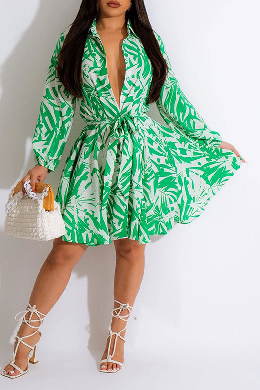 namcoverse Bamboo Leaf Print Preppy Lace-Up Mini Dress