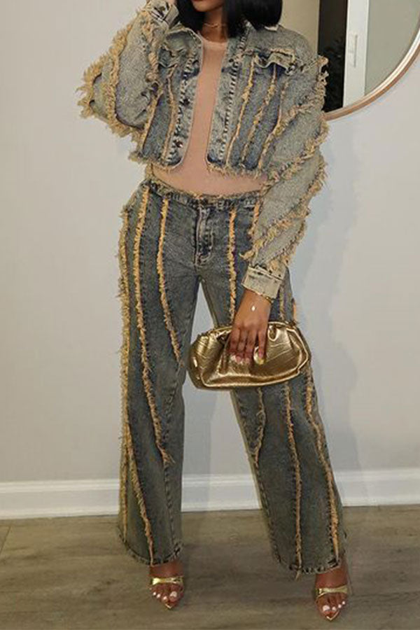 storexq Tassel Patchwork Punk Denim Pant Suit