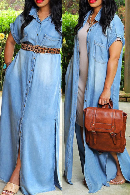 storexq Solid Color Classic Single Breasted Denim Maxi Dress