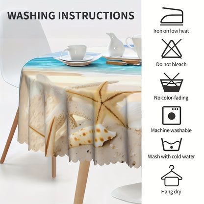 1pc Round/Square Tablecloth, Ocean Beach Clouds Table Cloth, Summer Seascape Coast Sky Shellfish Starfish Wave Tablecover, Waterproof Stain Wrinkle Free, Indoor And Outdoor Table Cover, For Home Kitchen Dining Party Decoration