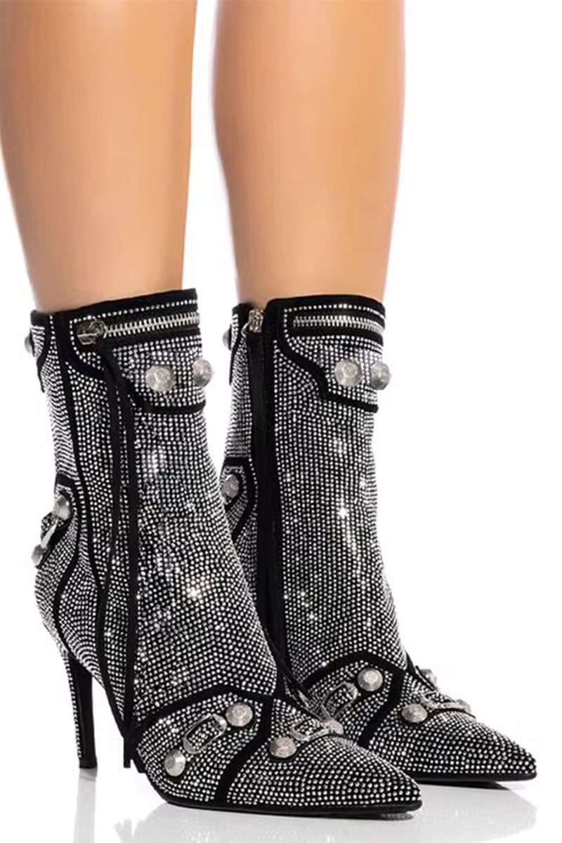 storexq Rhinestone & Rivet Design Striking Pointed Toe Ankle Boots