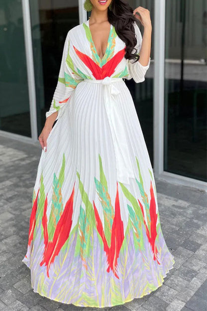 storexq Leaf Print Classic Lace-Up Pleated Maxi Dress