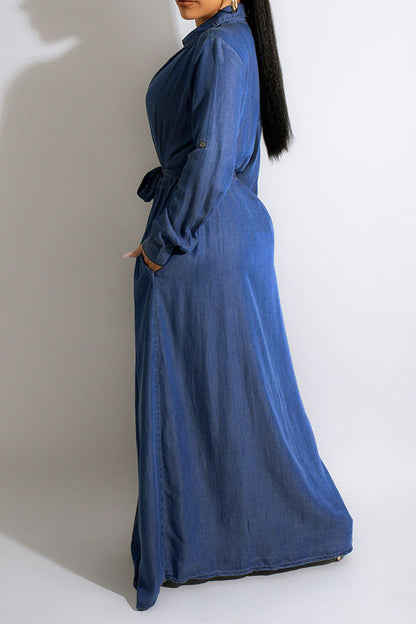 namcoverse Denim Shirt Collar Feminine Button Down Belted Maxi Dress