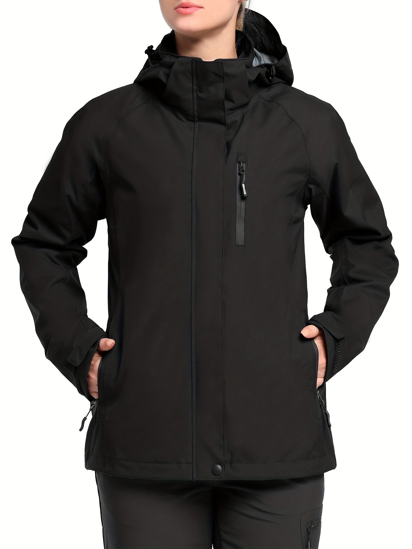 Waterproof Thermal Windproof Jacket - Solid Color Hooded Coat with Zipper Pocket for Fall & Winter, Warm and Breathable Women's Clothing